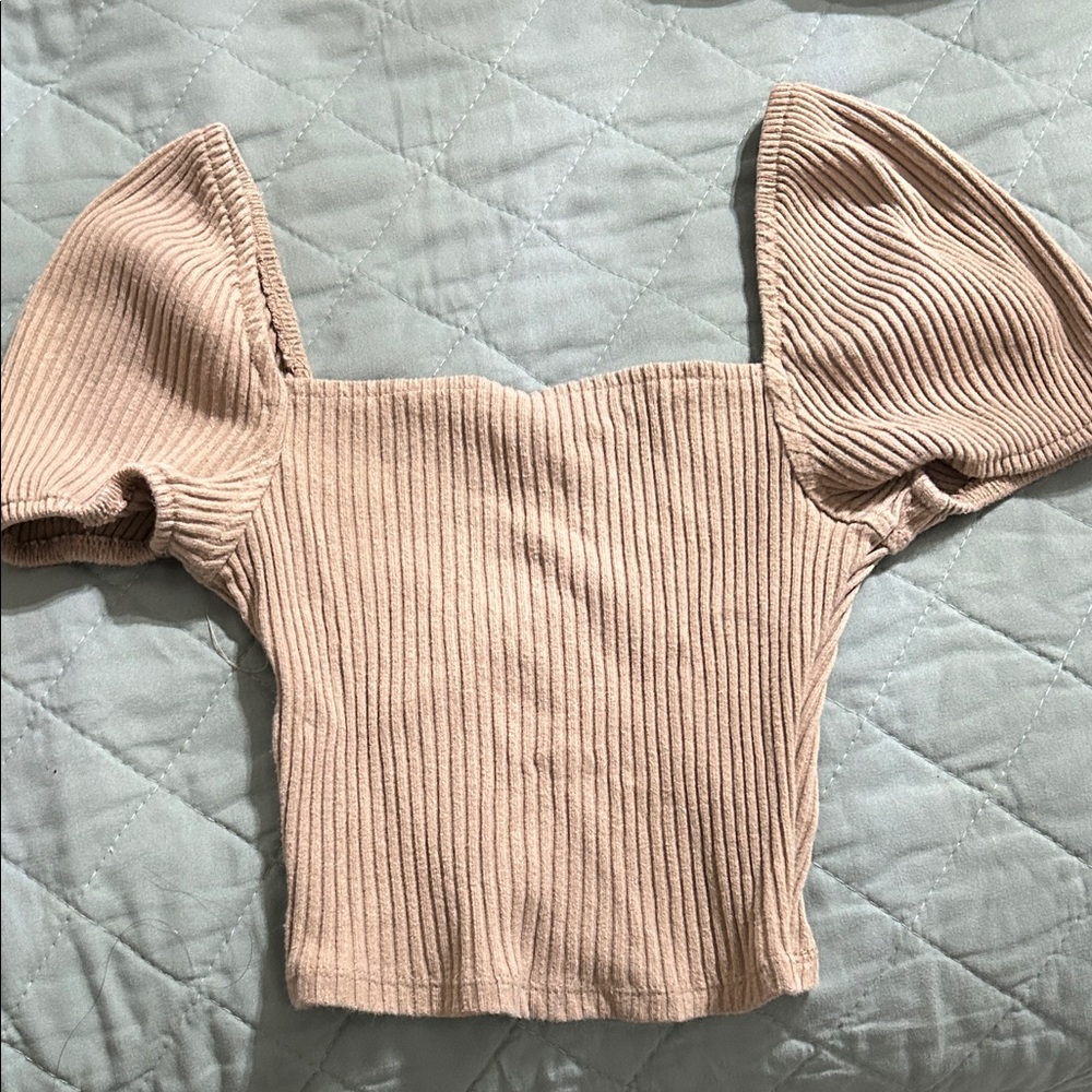 H&M Ribbed Puff Sleeve Crop Top - Beige